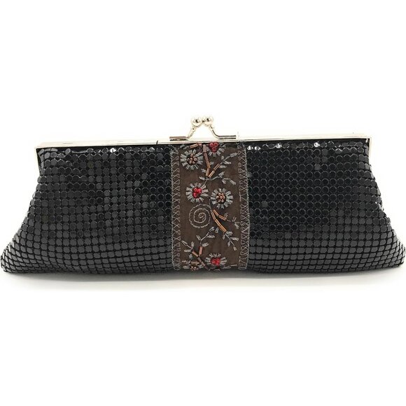 ⚡ Women's Black Embroidered Floral Pattern Metal Kiss Lock Evening Clutch Bag - Picture 2 of 5